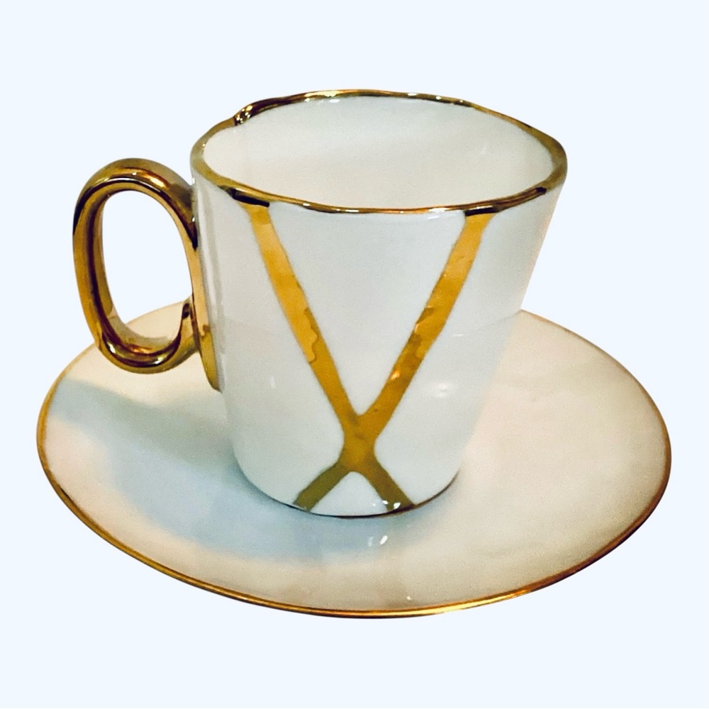 Piccole Ore Gold Marble Cup PRC + Antique Bavaria Germany Saucer Mixed Set